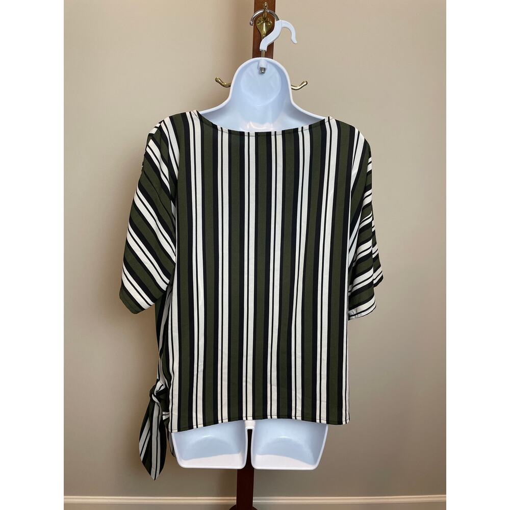 Michael Kors Size M Olive Cream Black Stripe Short Sleeve Top Side Tie - Picture 3 of 6